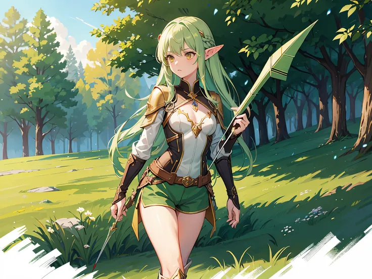 1girl, high elf girl, pointy ears, elven ears, archer girl, goblin slayer verse, light green hair, yellow eyes, flat chest, tight-height boots, brown shorts, forest background, long fantasy bow in hands, arrow in hand, cowboy shot angle