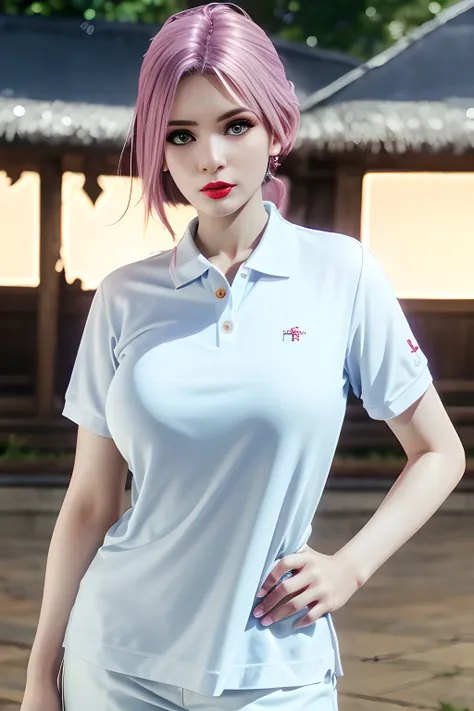 night,moonlight,1 girl,(white polo shirt:1.4),(casual pants),outdoor activities,  (standing posture),grace,(((red lips))), lips ...