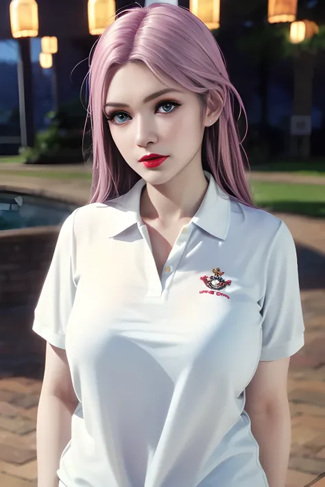 night,moonlight,1 girl,(White polo shirt:1.4),(casual pants),Outdoor activities,  (standing posture),grace,(((red lips))), Lips slightly open,  clavicle,(huge breasts:1.3),skin shiny,((8k, original photo, top quality, masterpiece)), HD RAW color photos pro...