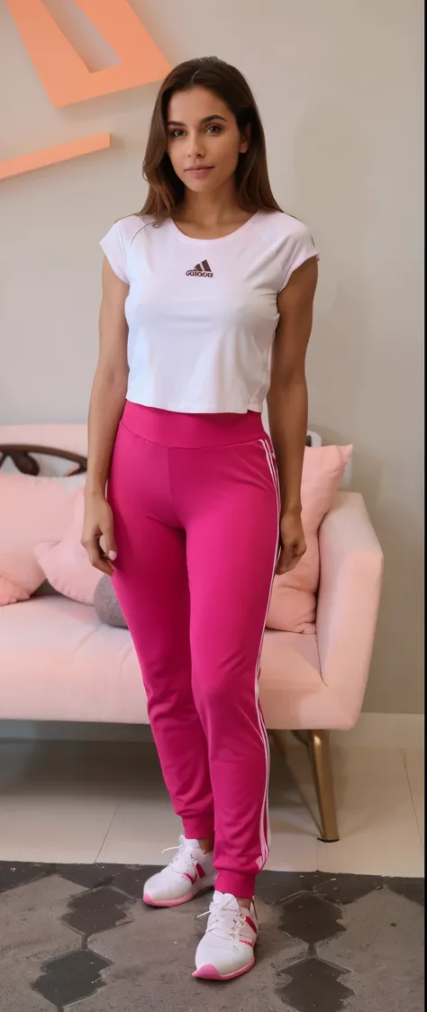 Uma Mulher, Extremamente Realista, pink pants, blusa branca, Adidas tennis shoes, linda, sexy, bunda grande, pernas grossas, Fitness 