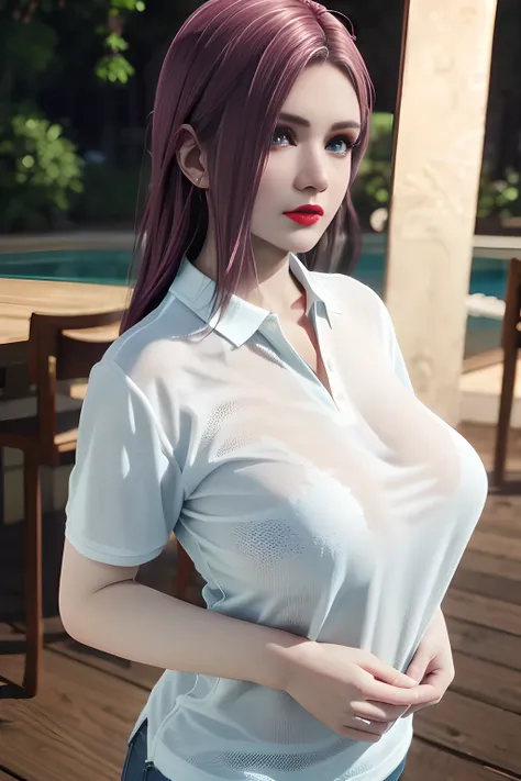 night,moonlight,1 girl,(White polo shirt:1.4),(casual pants),Outdoor activities,  (standing posture),grace,(((red lips))), Lips slightly open,  clavicle,(huge breasts:1.3),skin shiny,((8k, original photo, top quality, masterpiece)), HD RAW color photos pro...