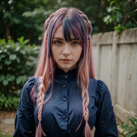 Pale woman, long navy blue hair with pink highlights, straight bangs with pink highlights, blue-green eyes, black dress victorian