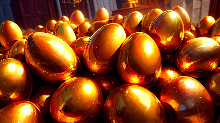 Golden eggs on a pile of gold coins In the old castle room