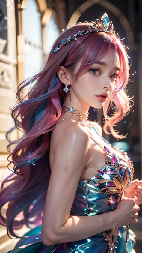 best quality，masterpiece，16k，1girl, bangs, bare shoulders, breasts, crown, crystal, dress, from side, gem,colorful crystals,crys...