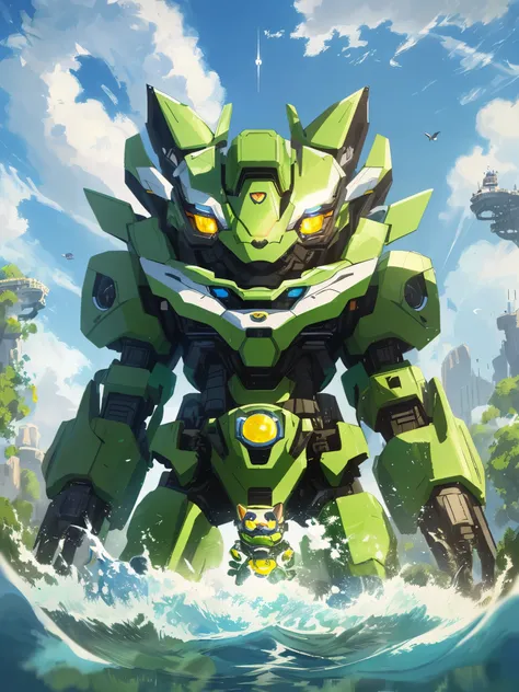 unorganized solution, High resolution, (masterpiece: 1.3), hyper detail, Mecha, ((((cute cat design)))),Green armor, floating in the sky (1.8) Against the background of blue sky and white clouds