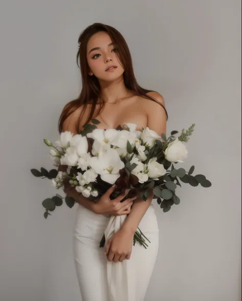 Studio photo, girl with white flowers, brunette girl with flowers in her hands, girl without a T-shirt holding a bouquet, tender photo,realism, clear photo, Beautiful hair, clean hair, 