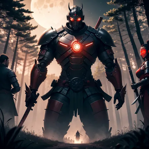 A large, strong Samurai with two futuristic katanas, one with the scarlet red color on the blade and the other black and red  raising a army,The night inside a forest with a full moon in the sky. 4k, robot arms , futuristic armour, with soulless black eyes