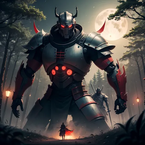 A large, strong Samurai with two futuristic katanas, one with the scarlet red color on the blade and the other black and red  raising a army,The night inside a forest with a full moon in the sky. 4k, robot arms , futuristic armour, with soulless black eyes