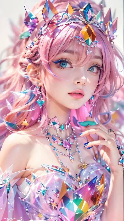 best quality，masterpiece，16k，1girl, bangs, bare shoulders, breasts, crown, crystal, dress, from side, gem,Colorful crystals,Crystal Headwear,There are many crystals on the clothes,Colorful gradient hair,Colorful Dress,Floating Colorful Crystal,Crystal on t...