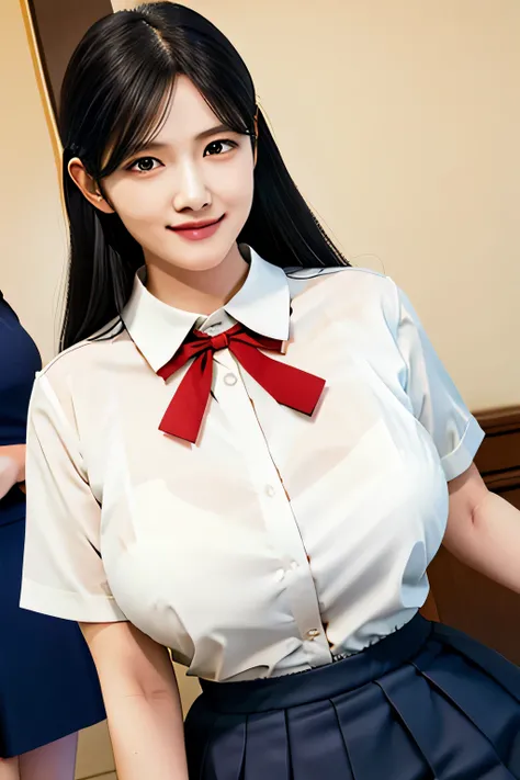 (realistic,8k, RAW photo, highest quality, masterpiece: 1.2),(long black hair,dull bangs),17 year old Japanese woman with perfect body,Please show your teeth and smile,beautiful face,highly detailed face and eyes,smile,((White collared shirt and red bow ti...