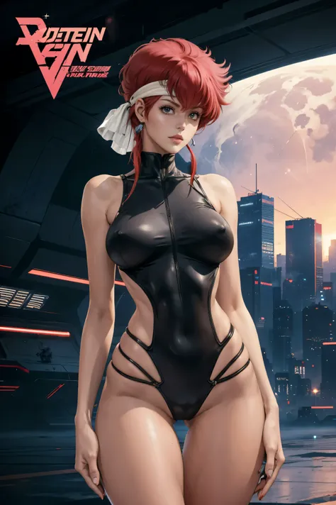 Very skinny Kei from The Dirty Pair, emaciated, wearing a tight  outfit, skinny frame, skinny legs, medium breast, red hair beauty, cyberpunk city background, holding retro space-gun, headband, slim waist, very slim thighs, very skinny thighs, very thin th...