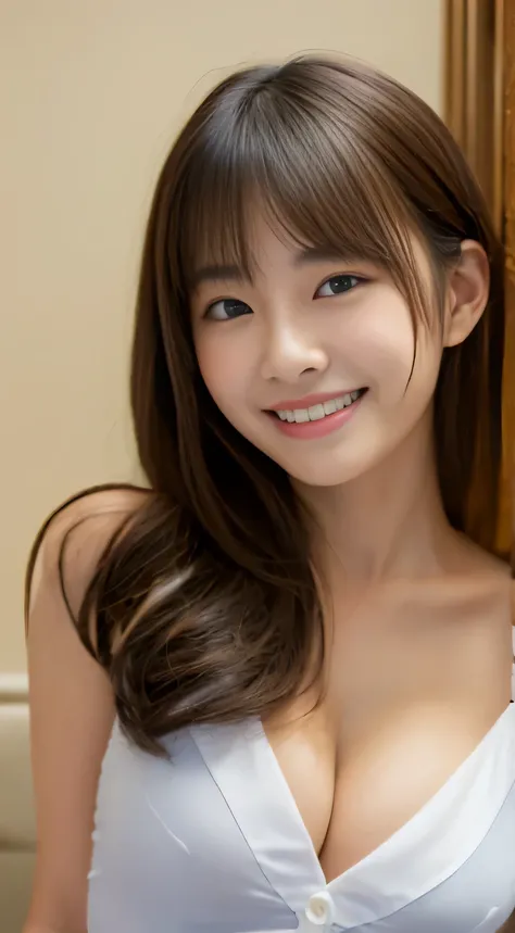 masterpiece,best quality,(Japanese ),((Beautiful girl)),cleavage,indoor,(perfect body beauty:1.2),(shy smile),beautiful teeth,