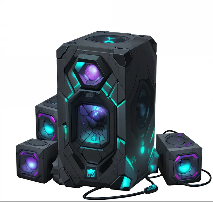 cyberpunk style，cube speakers，Large surface bumps，Slightly luminous,Add more details，Bigger volume，Higher quality full 8k