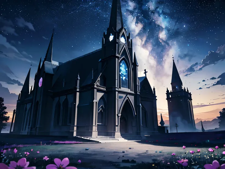 no people, Creepy Church, landscape, best quality, 4K, (background:1.5), outside, at night, darkness, surrounded by stars, surrounded by stars and stardust, with a flower, gigantic scale, concept art, dark fantasy, mystical atmosphere, Star Garden