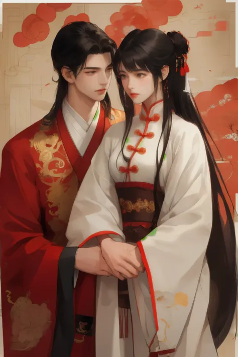 A handsome guy and a beautiful girl are leaning against each other，quiet and peaceful，faint smile，Chinese style clothing and accessories，black hair，perfect face