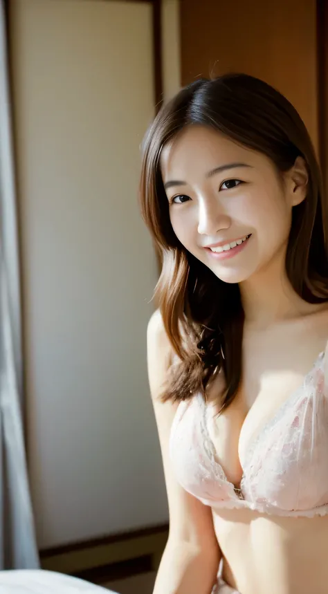 masterpiece,best quality,(Japanese ),((Beautiful girl)),cleavage,indoor,(perfect body beauty:1.2),(shy smile),beautiful teeth,