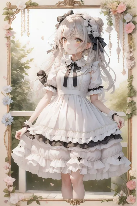 anime girl in a white dress and black bow tie,  in a dress, small curvaceous , white dress!! silver haired, Cute anime wife in a nice dress, lolita portrait, lolita style, frills, magical lolita girl portrait, High resolution official artwork, lolita fashi...