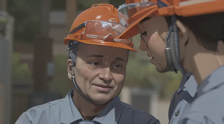 A man dressed as a refinery worker watches，elderly，experienced，Handheld antenna intercom，Wearing thin-rimmed glasses， Equipped with helmet and tool strap, engaged in refining、chemical engineering work,Display protective equipment responsibly, Busy and prod...