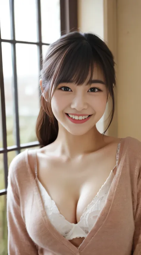 masterpiece,best quality,(Japanese ),((Beautiful girl)),cleavage,indoor,(perfect body beauty:1.2),(shy smile),beautiful teeth,