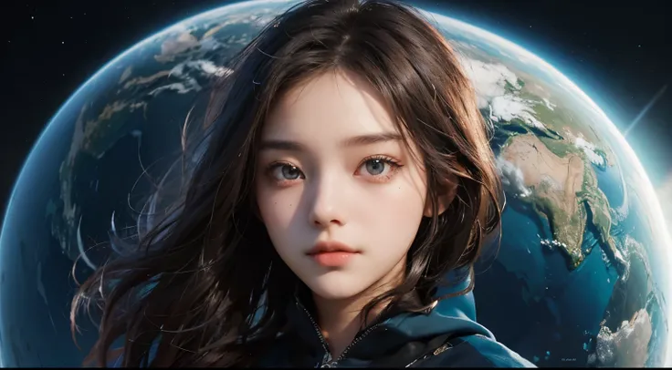 A beautiful woman looks at the camera with a defiant expression. Her age is twenty years old. Dark brown hair. She is wearing modern clothes. Behind her is a beautiful planet that shines blue.