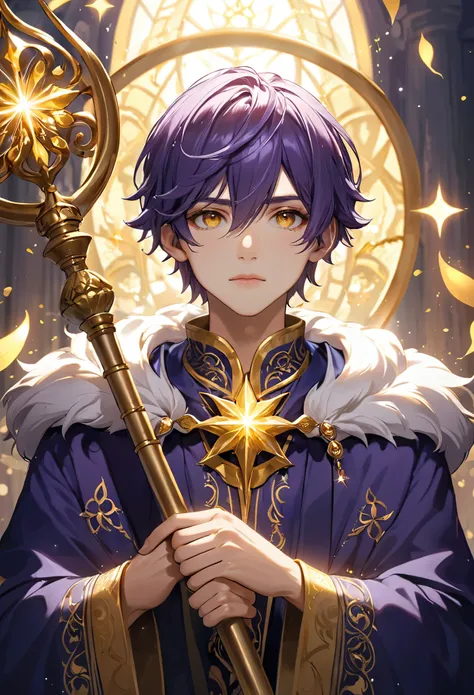 Um homem com vestes semelhantes a magos se via encarando o grande espelho a sua frente . This man had purple hair with small golden sparkles, fair skin and golden eyes while in his hands he had a staff.. 