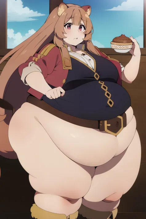 Raphtalia fat, force feed, obese, fat, fatter, round, rotund, food in the hands, grab belly, overeating, stuffed raccoon, burp, burping, red suit, massive fat, huge fat, glutton, gluttony, gluttonous, voracious, force feeding, fliying food, belt, buttons, ...