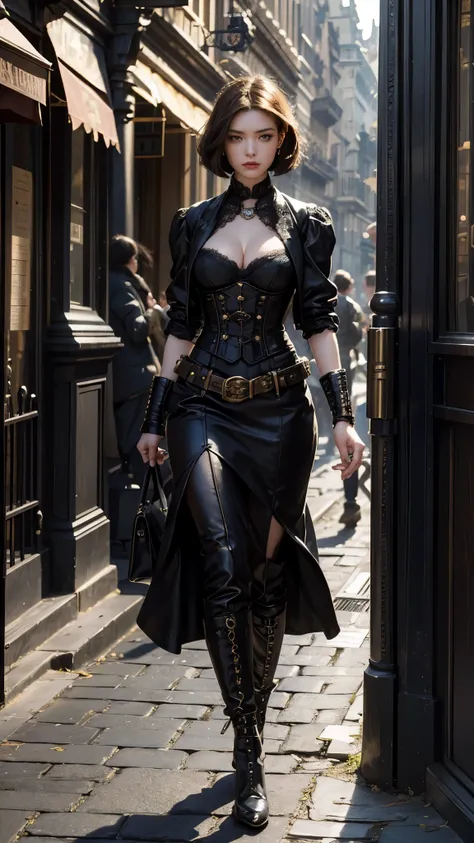 Visualize a character inspired by young and sexy Black Widow, reimagined in a richly detailed Victorian-steampunk world. This version of the character eschews her traditional outfit for a blend of Victorian elegance and steampunk functionality. She dons a ...