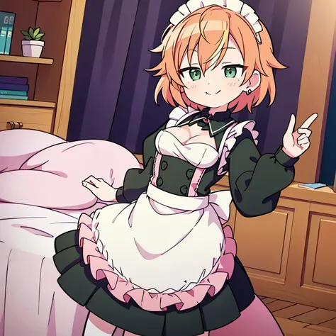 Maid outfit Unmotivated eyes Cleavage Ocher eyes Big  Unmotivated Pink heart Smile Pink room Short hair