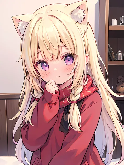 1girl, blonde hair, bangs, purple eyes, high res, masterpiece, 8K, neko ears, red sweater, looking comfy, red scarf, blushing, braided hair, red ribbon,
