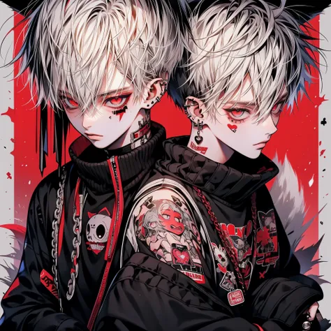 punk rock emo man, neko, wolf boy, platinum white hair, tattoo sleeves and piercings, red eyes, slender, skinny, short,  harajuk...