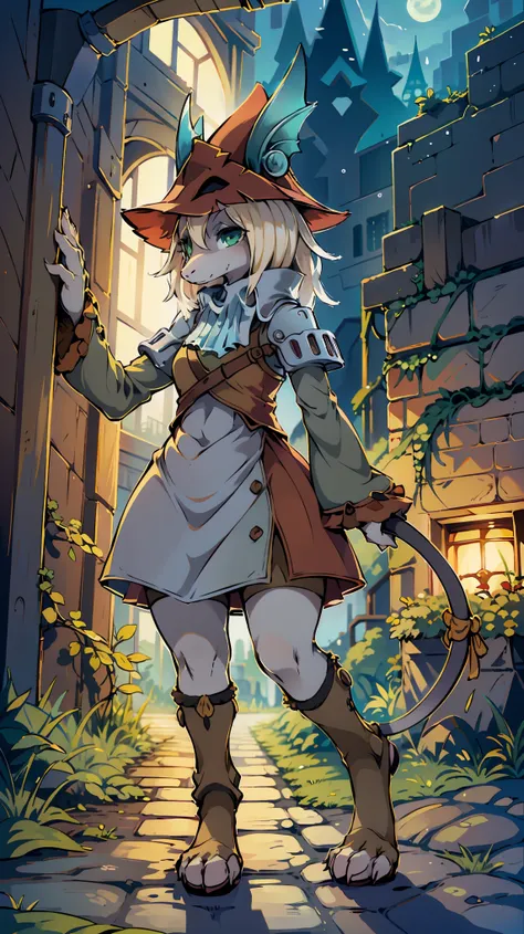 freya crescent (final fantasy), furry, solo, hat , white hair , green eyes , mouse tail , tail ribbon , ruins , in the rain , br...