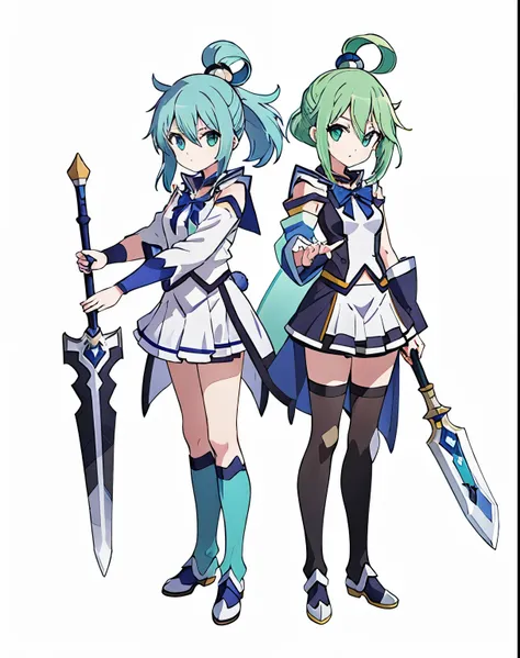 a cartoon drawing of a girl with a sword and a sword, aqua from konosuba, white cyan, jrpg character, art of kirokaze pixel, her...