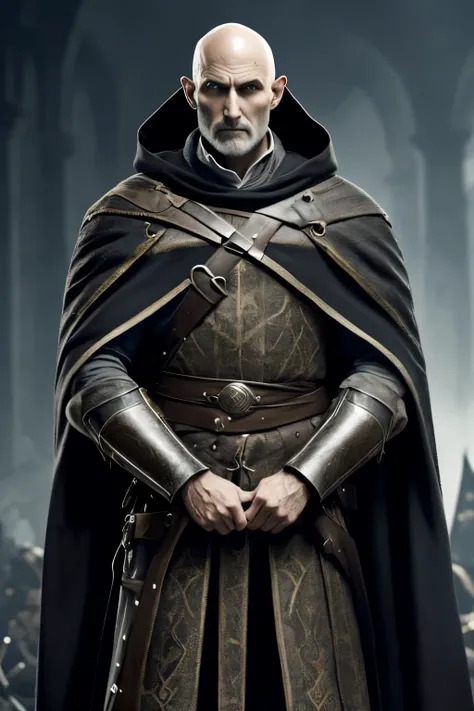 (1 man) Medieval RPG old assassin, Bald head, Wearing a cape, expresionless face, 1 eye is white, holding a bag of gold, face shows, black tones on the cape. No Weapons