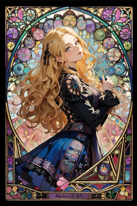 (Masterpiece, Best Quality), 8k,(((highly detailed))), lace cutout-picture,lace:1.8,Super intricate lace pattern,colorful lace pattern,stained glass background, kaleidoscope,light-up,baggy Gothic 1 woman,(wavy hair,blonde hair),
