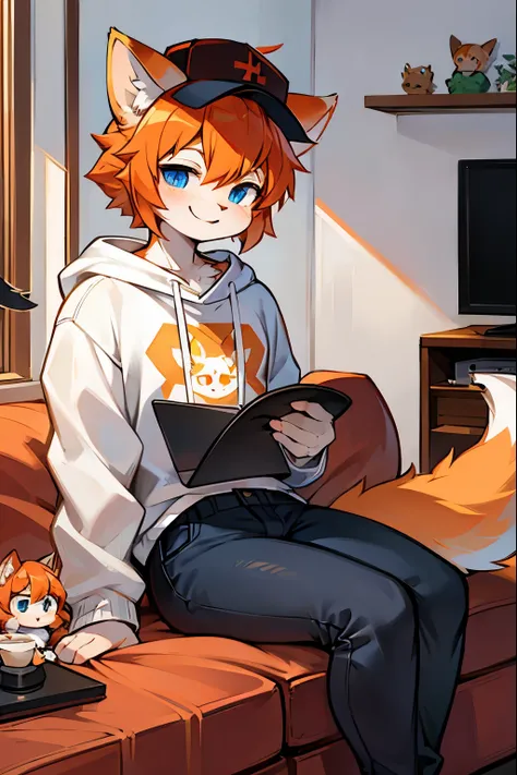 cat plush,two,hairy,furry,There are red horns on the head,with hat,Colorful Patterned White Sweatshirt,Black jeans with white stripes,Q version,cute,Simple art style,Cartoon style,blue eyes,Cheerful,happy,Ears with orange hair and white hair on the tips of...