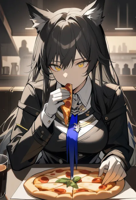 1girl, texas the omertosa(arknights), arknights, upper body, sitting, wolf ears, black hair, long hair, yellow eyes, expressionless, white shirt, black jacket, necktie, in the cafe, eating pizza, masterpiece, best quality