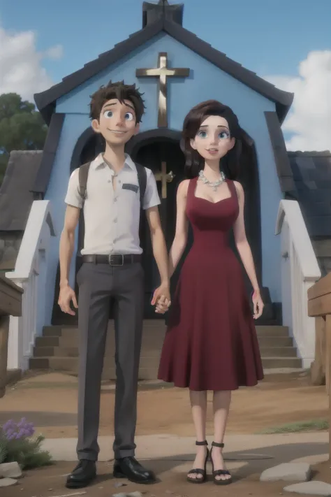 Couple boyfriend and girlfriend in front of church