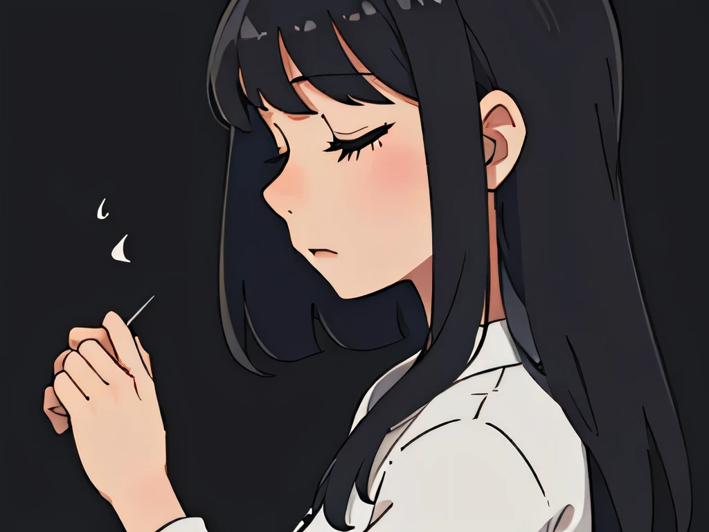 Side view illustration of a girl having long black hair with bangs, closed eyes