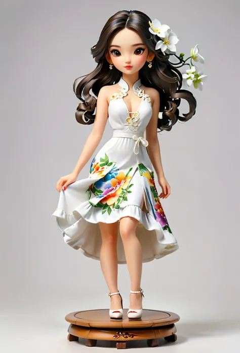 (Blind Box Spielzeug Stil:1.2),full body, solo,white background,(1 Beautiful girl Models ,Stand on a round wooden base，white Jasmine dress, high heels),(Oriental elements, Chinese color,Very colorful),3D