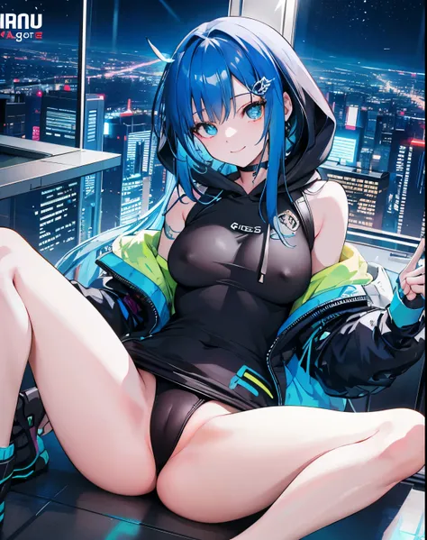 (table top), highest quality, 超A high resolution,, Cyberpunk 1 girl flies over beautiful cityscape ,hoodie,blue hair, Neon color流れ星, very long hair, off shoulder, feather hair ornament, Neon color, blink, stunning night sky, cinematic lighting, realistic, ...