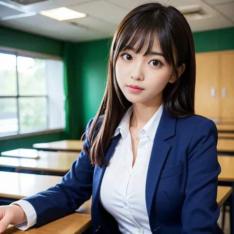 Best-quality, Masterpiece, Ultra-High-Resolution, (Photorealistic:1.4), Raw-Photo, in school classroom, 1girl, the most popular Japanese idol, wearing white blouse with long-sleeves and navy-blue blazer, extremely cute face like the most famous Japanese id...