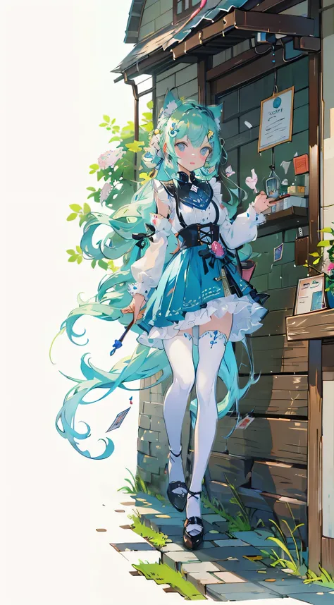 ((table top, highest quality: 1.1), ((Anime girl in a blue dress with a magic wand)), art nouveau、Anime cat girl wearing a maid costume, , ((Green hairs))、long haired person、((Eyes that shine like jewels, long eyelashes, and transparency))、Very Beautiful A...