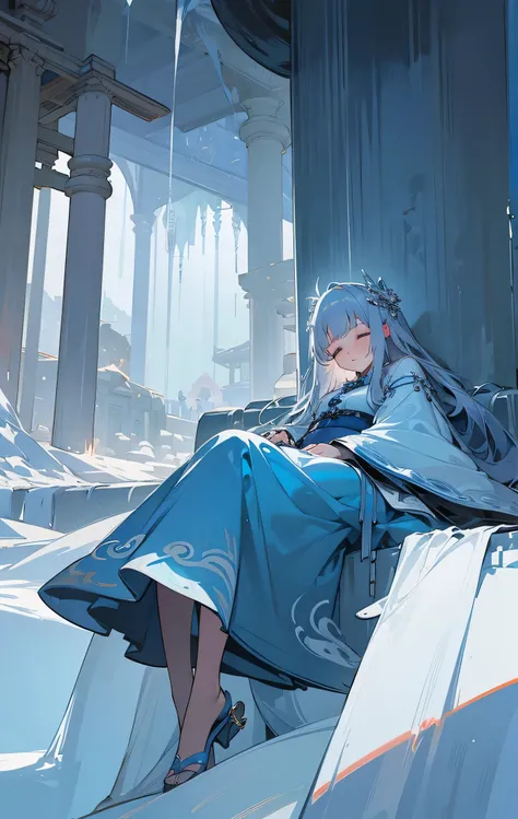 There is a huge palace in the dusty cave，There is a huge icicle platform in the center of the palace，In the huge icicle in the middle，sleeping a girl.，silver hair，Ancient Chinese blue clothing