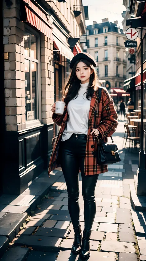 (masterpiece), (best quality), 1girl, black beret, red plaid coat, black leggings, brown oxford shoes,holding a cup of coffee, s...