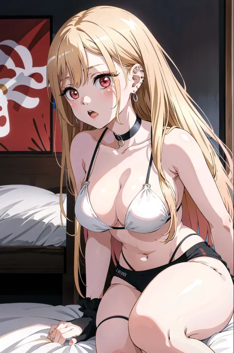 1girl,  Marin Kitagawa, long hair, blonde hair, red eyes, piercing, earrings, ear piercing, stud earrings, black choker,  wrist scrunchie, long fingernails, gyaru, (white bikini:1.2), shy, medium breasts,  body,  lying in bed,, (masterpiece:1.2), highres, ...