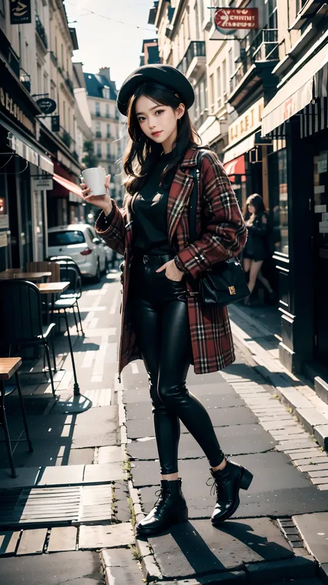 (masterpiece), (best quality), 1girl, black beret, red plaid coat, black leggings, brown oxford shoes,holding a cup of coffee, s...