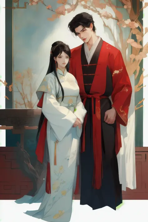 A handsome guy and a beautiful girl are leaning against each other,quiet and peaceful,faint smile,Chinese style clothing and accessories,black hair,perfect face