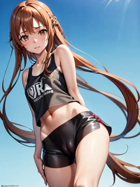  on bed closeup on cameltoe vag , peeing pee cum 1girl in, Yuuki Asuna, Brown hair, Brown eyes, medium breasts, Long hair, braid , black tank top , tight t shirt ,braid ,no gloss matt black shorts cute cameltoe Ultra High Quality looking very shy , touchin...