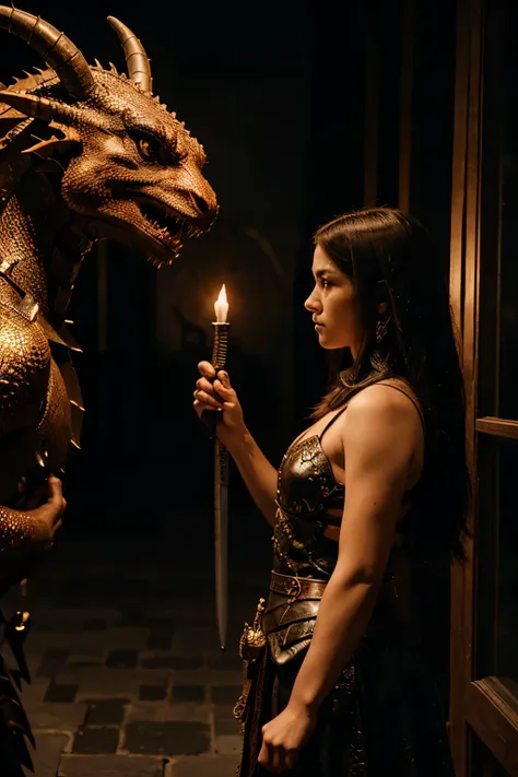 DRAGON LOOKING AT WOMAN WITH SWORD .MENACINGLY, WOMAN LOOKING AT DRAGON, FACING EACH OTHER, WOMAN LOOKING AT DRAGON BEAST