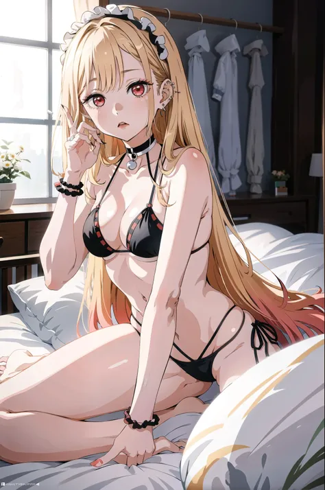 1girl,  Marin Kitagawa, long hair, blonde hair, red eyes, piercing, earrings, ear piercing, stud earrings, black choker,  wrist scrunchie, long fingernails, gyaru, (white bikini:1.2), shy, medium breasts,  body,  lying in bed,, (masterpiece:1.2), highres, ...